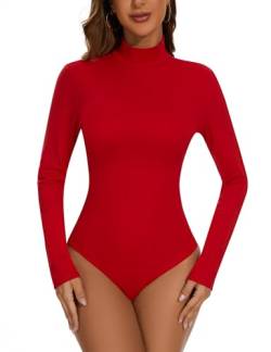 WOWENY Damen Body Langarm mit Stehkragen - Gerippt Bodysuit Basic Oberteile Shirts Rolli Pullover Rollkragen Pulli Für Alltag,Rot,L von WOWENY