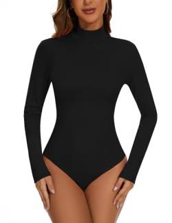 WOWENY Damen Body Langarm mit Stehkragen - Gerippt Bodysuit Basic Oberteile Shirts Rolli Pullover Rollkragen Pulli Für Alltag,Schwarz,XXL von WOWENY