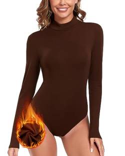 WOWENY Damen Body Langarm mit Stehkragen - Thermo Bodysuit Fleece Oberteile Shirts Rolli Pullover Rollkragen Pulli Für Winter,Brown,XXL von WOWENY