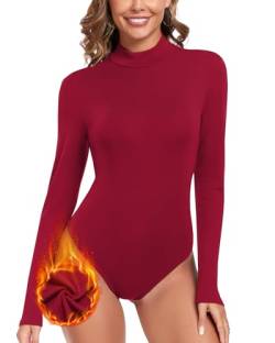 WOWENY Damen Body Langarm mit Stehkragen - Thermo Bodysuit Fleece Oberteile Shirts Rolli Pullover Rollkragen Pulli Für Winter,Weinrot,L von WOWENY