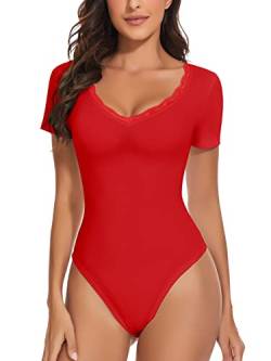 WOWENY Damen Body Spitze Elegant Kurzarm V-ausschnitt Bodies Sexy Bodysuit Short Sleeve Oberteil Tops Tshirt für Frauen(Rot, XXL) von WOWENY