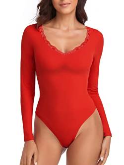 WOWENY Damen Body Spitze Elegant Langarm V-ausschnitt Bodies Sexy Bodysuit Long Sleeve Oberteil Tops Langarmshirt für Frauen(Rot, M) von WOWENY