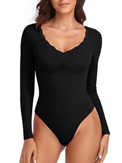 WOWENY Damen Body Spitze Elegant Langarm V-ausschnitt Bodies Sexy Bodysuit Long Sleeve Oberteil Tops Langarmshirt für Frauen(Schwarz, L) von WOWENY