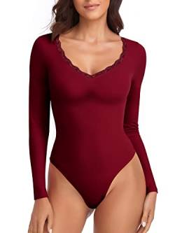 WOWENY Damen Body Spitze Elegant Langarm V-ausschnitt Bodies Sexy Bodysuit Long Sleeve Oberteil Tops Langarmshirt für Frauen(Weinrot, S) von WOWENY