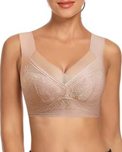 WOWENY Damen Bustier Spitze Schlaf BH ohne Bügel Zero Feel Bralette Gepolstert Comfort Bra(Beige, L) von WOWENY