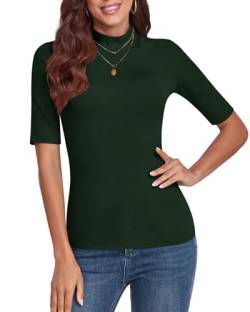 WOWENY Damen Kurzarmpullover elegant 1/2 Arm T-Shirt mit elastischem Stehkragen Rollkragen T-Shirt Baumwollen Basic Oberteile Bluse Shirt,Dunkelgrün,XL von WOWENY