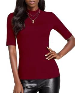 WOWENY Damen Kurzarmpullover elegant 1/2 Arm T-Shirt mit elastischem Stehkragen Rollkragen T-Shirt Baumwollen Basic Oberteile Bluse Shirt,Rotwein,L von WOWENY