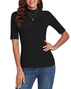 WOWENY Damen Kurzarmpullover elegant 1/2 Arm T-Shirt mit elastischem Stehkragen Rollkragen T-Shirt Baumwollen Basic Oberteile Bluse Shirt,Schwarz,L von WOWENY