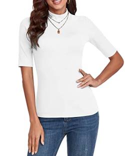 WOWENY Damen Kurzarmpullover elegant 1/2 Arm T-Shirt mit elastischem Stehkragen Rollkragen T-Shirt Baumwollen Basic Oberteile Bluse Shirt,Weiß,L von WOWENY