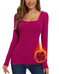 WOWENY Damen Langarm-Thermo-Shirts, quadratischer Ausschnitt, Unterwäsche, Tops, Basic Fitted Tees, 2093-Rose Red, Mittel von WOWENY