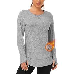 WOWENY Damen Langarmshirt Herbst Winter Thermo Laufshirt Langarm Functionsshirt Sportshirt Thermo Pullover Oberteile Tshirts locker für Sport Laufen Fitness,Grau,XL von WOWENY