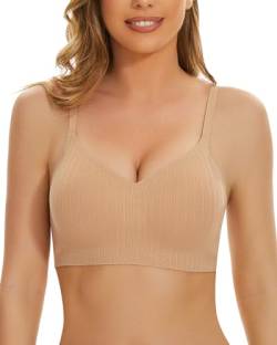 WOWENY Damen Soft BH ohne Bügel gerippt Push up Bustier Tshirt BH Komfort BH Schlaf BH Minimizer BH Klassische BHS für Alltag,Beige,M von WOWENY