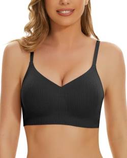 WOWENY Damen Soft BH ohne Bügel gerippt Push up Bustier Tshirt BH Komfort BH Schlaf BH Minimizer BH Klassische BHS für Alltag,Schwarz,XL von WOWENY