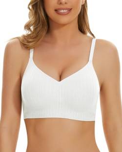 WOWENY Damen Soft BH ohne Bügel gerippt Push up Bustier Tshirt BH Komfort BH Schlaf BH Minimizer BH Klassische BHS für Alltag,Weiß,L von WOWENY