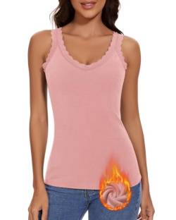 WOWENY Damen Thermo Unterhemd mit Spitze Untershirt Ärmellos Cami Tank Top Warm V Ausschnitt Camisole Fleece Elegant Spitzentop[Rosa,M] von WOWENY