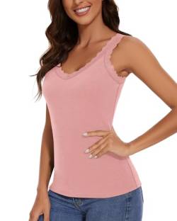 WOWENY Damen Thermo Unterhemd mit Spitze Untershirt Ärmellos Cami Tank Top Warm V Ausschnitt Camisole Fleece Elegant Spitzentop[Rosa,S] von WOWENY