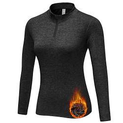 WOWENY Fleecejacke Damen Lang Funktionsshirt Laufshirt Damen Langarm Winter Schwarz mit 1/4 Reißverschluss -Thermo Shirt Sweatshirt Damen Ohne Kapuze Running T-Shirt Sport Top von WOWENY