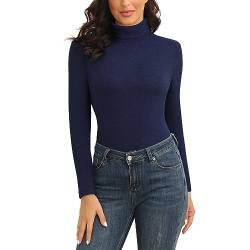 WOWENY Rolli Damen Langarm Warm Thermo Oberteil Winter Rollkragenpullover Elegant Stehkragen Fleece Shirt Extra Warme Dralon Unterhemd Bequem Leicht(Dunkelblau, L) von WOWENY