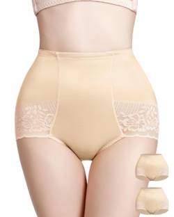 WOWENY Shaping Unterwäsche Damen 2er Pack Bauchweg Shapewear Slip Spitze Miederslips Nahtlos Figurformende Unterhosen Hautfarben (Beige, XXL) von WOWENY