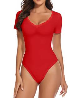 WOWENY Spitze Bodys für Damen Rot Body Damen Kurzarm Sommer Bodysuit Women mit v Ausschnitt Unterziehbody Tanz-Body Trachtenbody Spitzenbody M von WOWENY