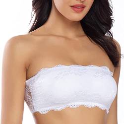 WOWENY Spitzen Bandeau BH ohne träger trägerloser BH Lace Tube Top abnehmbare Pads und Riemen Haken Comfort-BH mit verlängerung Weiß L von WOWENY