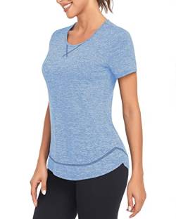 WOWENY Sport Shirts für Damen Kurzarm Yoga Shirt Damen locker Sportshirt Damen Funktionsshirt Tops Laufshirt Fitness Gym Oberteile,Blau,XL von WOWENY