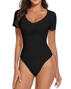 WOWENY T shirt Body Damen Elegant Spitze Kurzarm Bodysuit Women Tops mit v Ausschnitt Damenbody für damen Tanz-Body Stringbody Trachtenbody Spitzenbody Schwarz Damen M von WOWENY