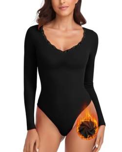 WOWENY Thermo Body Damen Langarm Elegant Langarmbody mit Spitze V-ausschnitt Fleece Bodysuit Warm Bequem Langarmshirt[Schwarz, M] von WOWENY