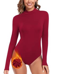 WOWENY Thermo Body Damen Langarm Mit Stehkragen Fleece Bodysuit Thermo Rollkragenpullover Warm Bequem Elegant Rolli Rollkragenshirt Oberteil(Weinrot, L) von WOWENY