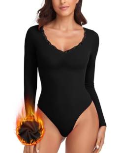 WOWENY Thermo Body Langarm Damen Elegant Spitze Micro Fleece Oberteil Spitzenbody Warm Langarmshirt Bodysuit Women mit V Ausschnitt Langarmbody Trachtenbody Schwarz XXL von WOWENY