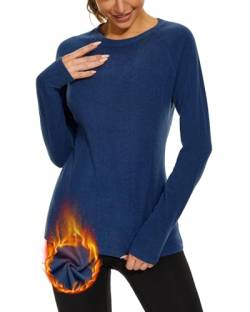 WOWENY Thermo Oberteil Damen Fleece Shirt Langarm Thermoaktive Thermounterwäsche extra warm Dralon Unterhemd Langarmshirt leicht Skiunterwäsche Wandershirt(Blau, L) von WOWENY