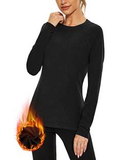 WOWENY Thermo Oberteil Damen Fleece Shirt Langarm Thermoaktive Thermounterwäsche extra warm Dralon Unterhemd Langarmshirt leicht Skiunterwäsche Wandershirt(Schwarz, L) von WOWENY