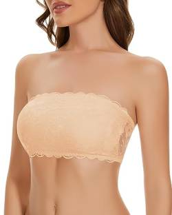 WOWENY Trägerloser BH Spitze Bandeau Top Damen BH ohne Bügel Gepolsterter Bralette Tube Top mit Transparenten Trägern Beige S von WOWENY