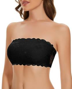 WOWENY Trägerloser BH Spitze Bandeau Top Damen BH ohne Bügel Gepolsterter Bralette Tube Top mit Transparenten Trägern Schwarz XL von WOWENY