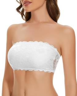 WOWENY Trägerloser BH Spitze Bandeau Top Damen BH ohne Bügel Gepolsterter Bralette Tube Top mit Transparenten Trägern Weiß M von WOWENY