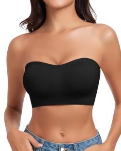 WOWENY Trägerloser Bandeau BH Damen ohne Bügel Tube Top Nahtlos Gepolsterter Bralette mit Durchsichtigen Trägern Rutschfestes Silikon[Schwarz,XL] von WOWENY