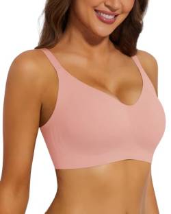 WOWENY Vollschalen BH Damen Ohne Bügel Push Up Bügelloser Nahtloser BH Gepolstert V-Ausschnitt Bralette Stützender Comfy Soft Tshirt Schlaf Klassische[Rosa, 2XL] von WOWENY