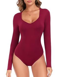 WOWNEY Body Damen Langarm, Bodysuit Oberteil Body Sexy Damenbody Schmal Bodysuits Tops Unterziehbody Elegant Body für Frauen,Weinrot,M von WOWENY