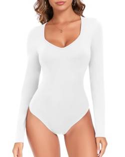 WOWNEY Body Damen Langarm, Bodysuit Oberteil Body Sexy Damenbody Schmal Bodysuits Tops Unterziehbody Elegant body für Frauen,Weiß,M von WOWENY