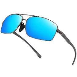 WOWSUN Sonnenbrille für Herren, polarisiert, UV-Schutz, rechteckiger Metallrahmen, modisch, Sport, Sonnenbrille für Fahren, Golf, Grauer Rahmen und blaue verspiegelte Gläser, Medium von WOWSUN