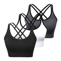 Damen Sport-BHs – gekreuzter Rücken, gepolstert, drahtlos, Komfort, Workout-BHs für Yoga, Fitness, 3 Stück, B, 3er-Pack, Schwarz/Weiß/Grau, Large von WOYYHO