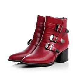 Chunky Heel Zipper Slip on Ankle Boots Für Damen Chunky Pointed Toe High Heel Belt Buckle Ankle Boots,Rot,47 EU von WOkismD