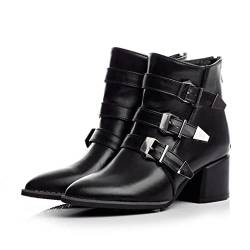 Chunky Heel Zipper Slip on Ankle Boots Für Damen Chunky Pointed Toe High Heel Belt Buckle Ankle Boots,Schwarz,45 EU von WOkismD