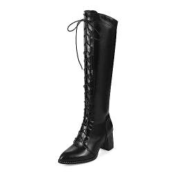 Modische lange Damenstiefel zum Schnüren, sexy, spitzer Zehenbereich, PU-Leder, Reißverschluss, kniehohe Stiefel, klobiger Absatz, Komfort, Herbst-Winter, Blockabsätze, Übergröße 40–48,Schwarz,47 von WOkismD