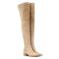 Overknee-Oberschenkelhohe Damen-Stiefel aus Wildleder mit runder Zehenpartie, langer, dehnbarer, weicher Blockabsatz, niedriger Absatz, Herbstmode-Stiefel mit seitlichem Reißverschluss,Beige,40 von WOkismD