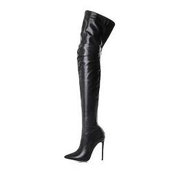 WOkismD 12CM/4.72IN Overknee-Stiefel PU Mit Superdünnem Absatz, Modische, Spitze Zehenpartie, Sexy, Große Overknee-Stiefel,Schwarz,38 EU von WOkismD