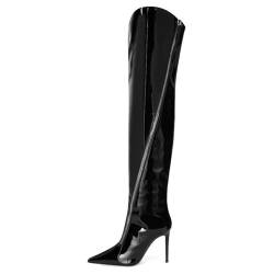 WOkismD Damen-Stiefel aus schwarzem Lackleder, PU, oberschenkelhoch, spitzer Zehenbereich, modisch, bequem, Stiletto-High-Heel, Overknee-Stiefel, Abendschuhe,Schwarz,45 von WOkismD