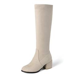 WOkismD Kniehohe Damen-Stiefel aus Wildleder mit seitlichem Reißverschluss, runder Zehenbereich, klobiger Blockabsatz, lange Stiefel, Herbst-/Winter-Kleiderschuhe,Beige,35 von WOkismD