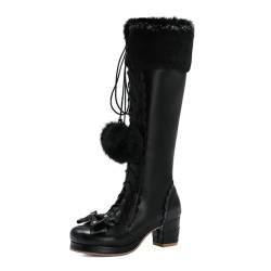 WOkismD Niedliche süße Damen-Lolita-Stiefel mit klobigem High-Heel-Plateau und kniehohen Stiefeln mit runder Spitze und Schnürung. Kunstplüsch-Schneestiefel mit Schleife und Herbst,Schwarz,39 von WOkismD