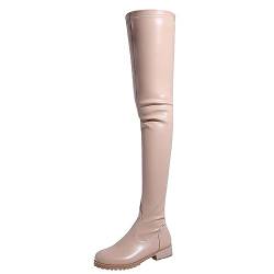 WOkismD Overknee-Oberschenkelhohe Damenstiefel, modisch, lässig, Leder, runde Zehenpartie, klobiger niedriger Absatz, lange Stiefel, Stretch, warme Herbststiefel, Winterkleid, hohe,Beige,45 von WOkismD